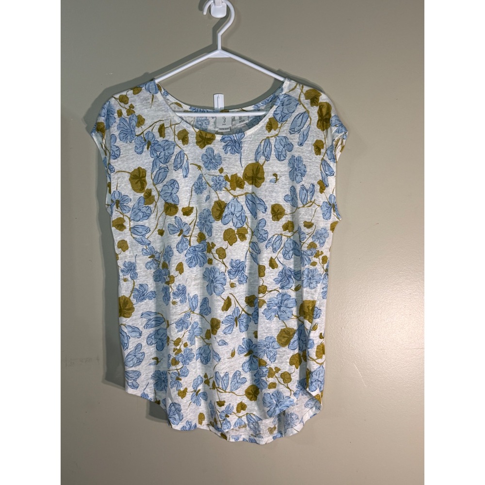 Joie Floral 100% Linen Cap Sleeve Top Blue Olive Green Large